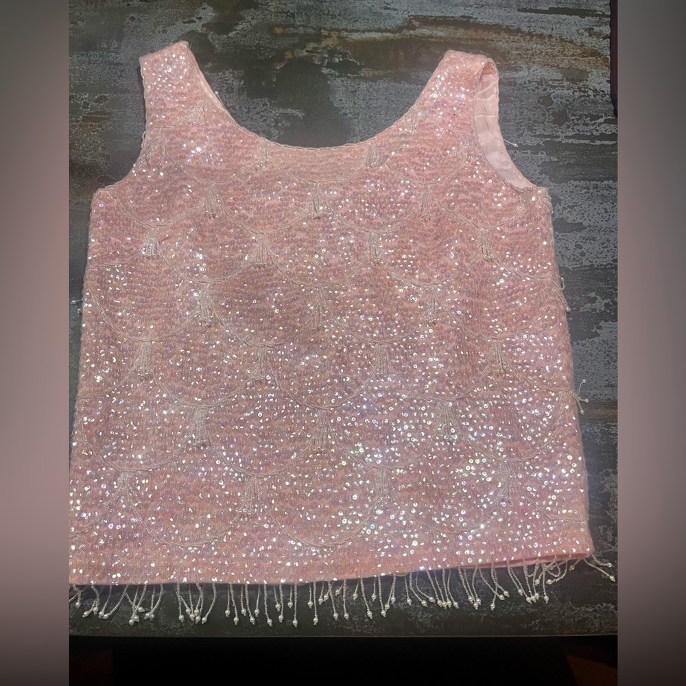 Vintage pink sequin tassel zip up sleeveless lined fancy sweater top
